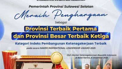 Pemprov Sulsel Raih Provinsi Terbaik Pertama di Indeks Pembangunan Ketenagakerjaan 2025
