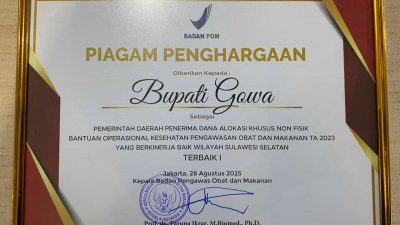 Komitmen Pengawasan Obat dan Makanan, Pemkab Gowa Raih Dua Penghargaan